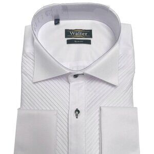 Mens Modern Diagonal Pleat Lay Down Collar French Cuff Tuxedo Shirt in White